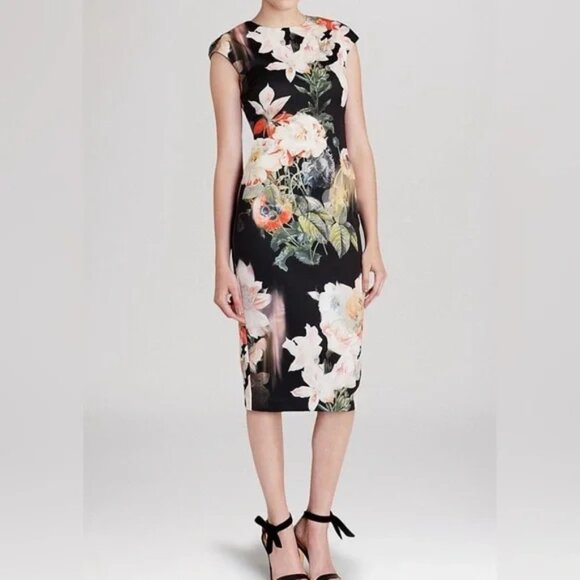 Ted Baker womens black floral formal midi Candiss Opulent Bloom Dress SIZE 1 - Picture 1 of 11